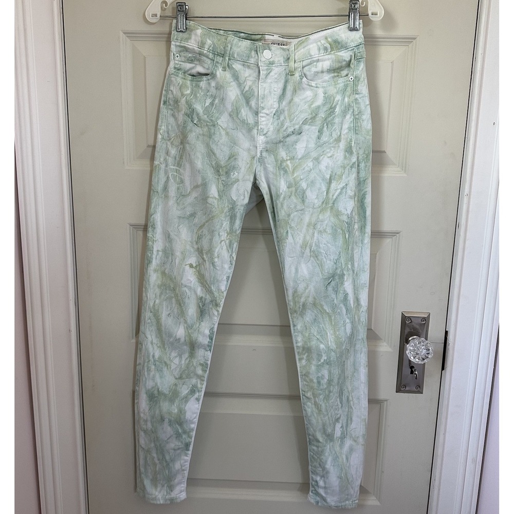Vintage GUESS Triangle Logo Green White Marble Wash 1981 Skinny Jeans SZ 28 =6/8